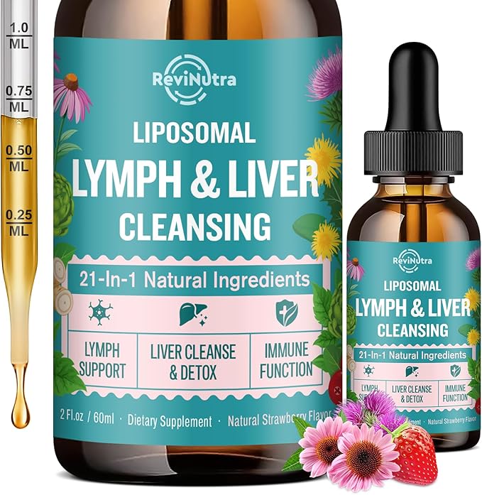 Liposomal Lymphatic Drainage Drops, Liver Cleanse Detox & Repair Liquid Supplement with Milk Thistle, Dandelion, Burdock Root & Echinacea - Lymph & Liver Detox, Antioxidant, Strawberry Flavor 2 Fl Oz