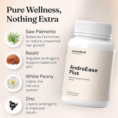 Nourished AndroEase Plus - Natural Balance Supplement for Women - Vegan Formula with Zinc & Saw Palmetto - 180 Capsules for Daily Wellness & Vitality - Made in USA