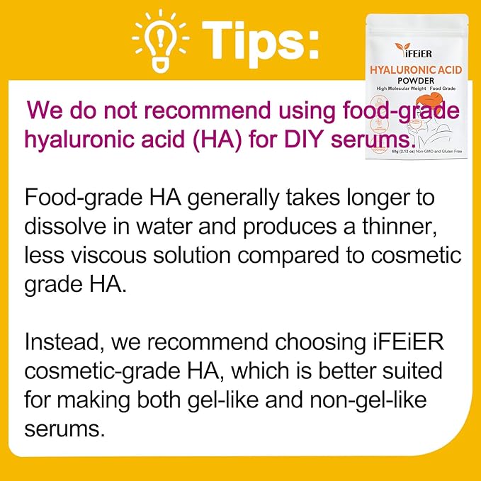 iFEiER Pure Hyaluronic Acid Powder | Food Grade Hyaluronic Acid Supplements | 60g(2.12oz) | HMW LMW High Molecular Weight Hyaluronic Acid Powder| Skin Hydration and Joint Lubrication