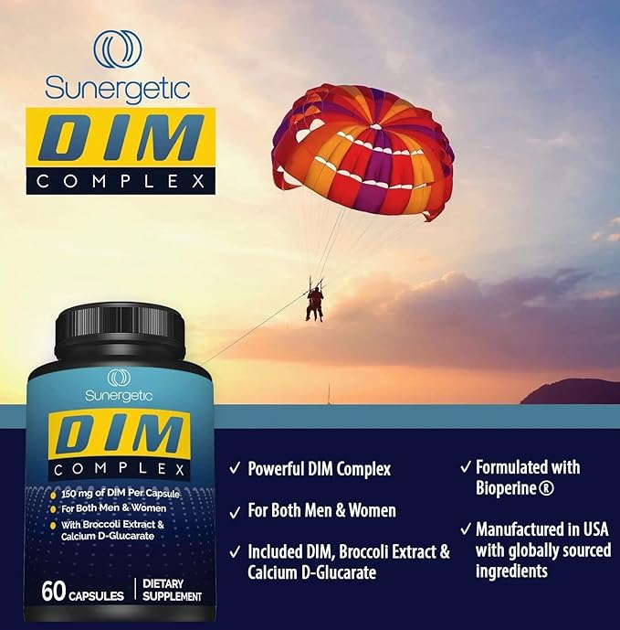 Sunergetic Premium DIM Supplement – 150mg diindolylmethane, Broccoli, Calcium D-Glucarate & Bioperine for Men & Women – DIM Complex for Menopause Support & Balance - 60 Capsules (Pack of 2)