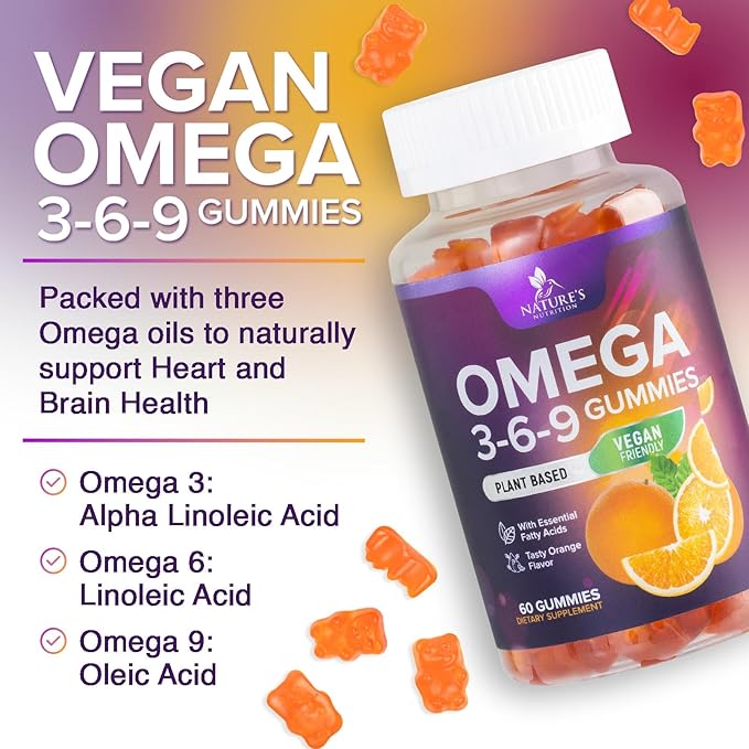 Omega 3 6 9 Gummies - Vegan Omega 3 Supplement Gummy - Essential Fatty Acids Oil 369 Complex Heart Support & Brain Support for Women, Men & Pregnancy, Fish Free Non-GMO, Orange Flavored - 60 Gummies