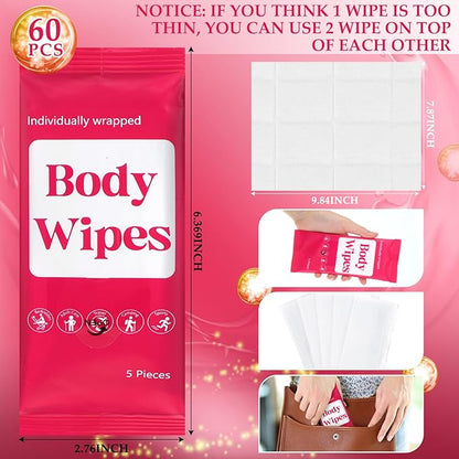 300 Pcs 60 Pack Body Wipes for Adults Bathing No Rinse Individually Wrapped Shower Wipes Washcloth with Aloe Cleansing Body Wash Cloths Disposable Bulk Deodorant Homeless(Rose Background)