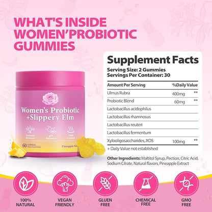 Her Juicy Feminine Probiotics Gummies with Slippery Elm Supports pH Balance Gut Health & Immune System Promote Vaginal Health for Women 40 Pineapple Gummies