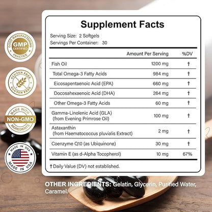 Omega-3 Fish Oil Supplement for Women, 984mg Omega-3 with Evening Primrose Oil (GLA), Astaxanthin & CoQ10, Supports Monthly Comfort, Skin Health & Total Body Wellness-60 Softgels