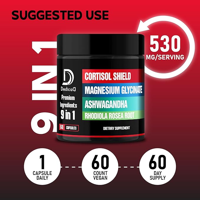 9in1 Cortisol Shield - Magnesium Glycinate & Ashwagandha with Rhodiola, Phosphatidylserine, Passion Flower, L-Theanine, Apigenin, Licorice, Magnolia - Rest Well & Mood Balance - 60 Count