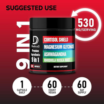 9in1 Cortisol Shield - Magnesium Glycinate & Ashwagandha with Rhodiola, Phosphatidylserine, Passion Flower, L-Theanine, Apigenin, Licorice, Magnolia - Rest Well & Mood Balance - 60 Count