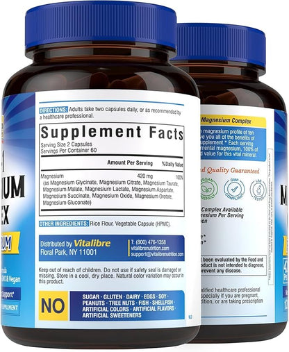10 in 1 Magnesium Complex, 420mg Elemental Magnesium | Ultra Strength, Max Absorption | Chelated Magnesium Supplement for Nerves, Bone & Heart Health | Non-GMO, 120 Vegan Capsules