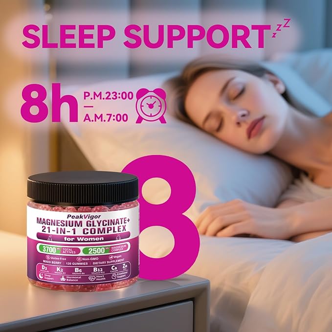 21 in 1 Magnesium Glycinate Gummy for Women with D3, K2, B6, B12, L-Theanine & Ashwagandha, 2500mg Magnesium Complex, Sleep Support, Vegan, Non-GMO,Third-Party Tested (60-Day Supply)