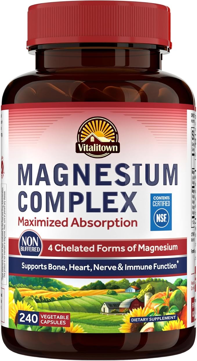 Vitalitown Magnesium Complex Supplement 500mg - NSF Certified Magnesium Glycinate, Malate, Taurate & Citrate - Chelated High Absorption & Gentle on Stomach - Vegan Non-GMO 240 Capsules