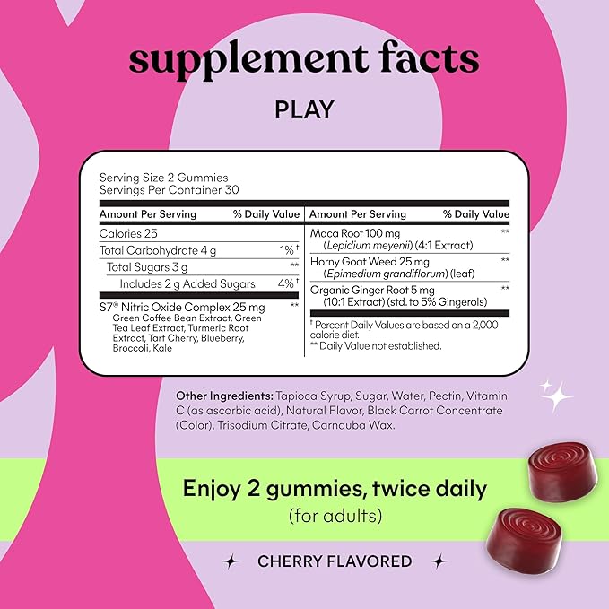 Lemme Play Daily Intimacy Gummies for Women and Men w/Clinically-Studied S7 Nitric Oxide Complex for Healthy Blood Flow, Maca Root, Goat Weed - Cherry Flavored (60 Count)