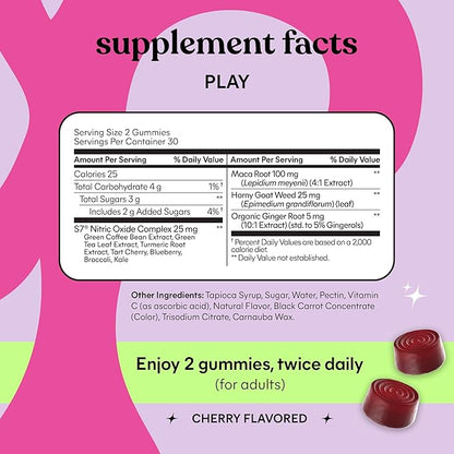 Lemme Play Daily Intimacy Gummies for Women and Men w/Clinically-Studied S7 Nitric Oxide Complex for Healthy Blood Flow, Maca Root, Goat Weed - Cherry Flavored (60 Count)