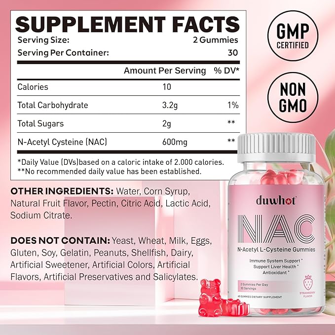 duwhot NAC Gummies 600mg, N Acetyl Cysteine Supplement NAC Chewable for Antioxidants & Immune Support, Lung & Liver Health, Natural Strawberry Flavor, 60ct