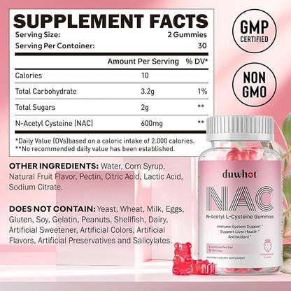duwhot NAC Gummies 600mg, N Acetyl Cysteine Supplement NAC Chewable for Antioxidants & Immune Support, Lung & Liver Health, Natural Strawberry Flavor, 60ct