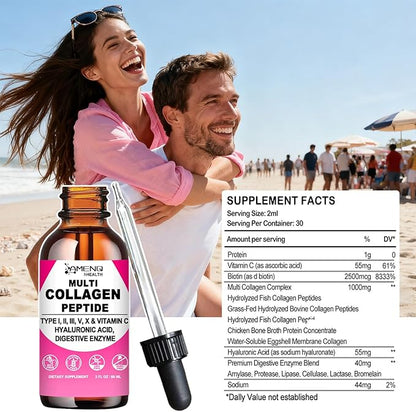 Multi Collagen Peptides Liquid Drops for Women & Men, Hydrolyzed Collagen Peptides Type (I, II, III, V, X)Proteins Complex W. Hyaluronic Acid, Biotin & Vitamin C, Support Hair Skin Joint & Gut Health