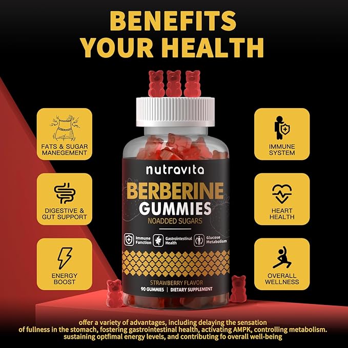 Nutravita Berberine Gummies with Ceylon Cinnamon 1500mg High Potency Berberine HCL Supplement for Immune and Metabolism Support, Sugar Free Organic Berberine Gummies Strawberry Flavor-2PACK