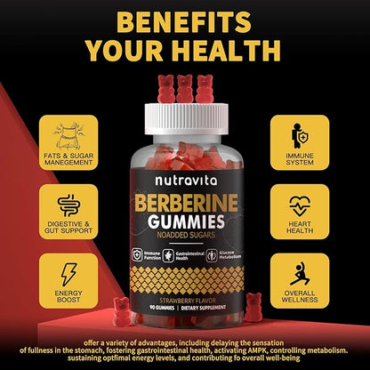 Nutravita Berberine Gummies with Ceylon Cinnamon 1500mg High Potency Berberine HCL Supplement for Immune and Metabolism Support, Sugar Free Organic Berberine Gummies Strawberry Flavor-1PACK