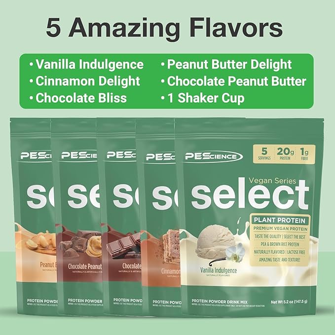 PEScience Select Vegan Protein Powder, Plant Based Protein Powder, Amazing Taste, Smooth Texture, Pea and Brown Rice Blend, Dairy Free, Lactose Free, Gluten Free – 5 Flavor Variety Pack, 25 Servings