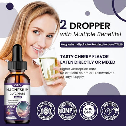 Magnesium Glycinate Liquid Drops 500mg, with Vitamin B6, Ashwagandha, L - Theanine, Chamomile, Magnesium Glycinate Supplement High Absorption for Sleep, Stress, Energy, Mood - Cherry Flavor