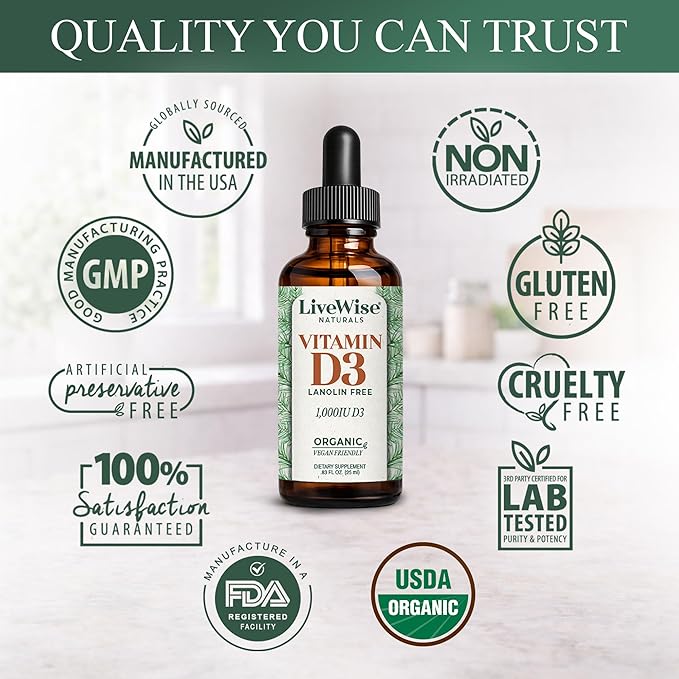 Live Wise Naturals Vitamin D3 1000 IU, 25 MCG Drops - 150 Servings, Ultra Concentrated Formulation, Fast Absorption, Vegan, Organic MCT Oil Formula - Micro-Dosing Dropper for Bone & Immune Support