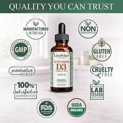Live Wise Naturals Vitamin D3 1000 IU, 25 MCG Drops - 150 Servings, Ultra Concentrated Formulation, Fast Absorption, Vegan, Organic MCT Oil Formula - Micro-Dosing Dropper for Bone & Immune Support