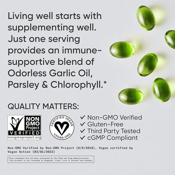 Sports Research® Odorless Garlic Oil Pills (1000mg) with Parsley & Chlorophyll - Vegan Certified · Non-GMO · Gluten Free - 150 Plantgel Capsules