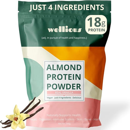 wellious Almond Protein Powder (Vanilla) - 18 Grams of Pure Healthiest Vegan Protein for Women & Men - Perfect Soy-Free & Smooth Gut Friendly Protein Powder for Sports Nutrition
