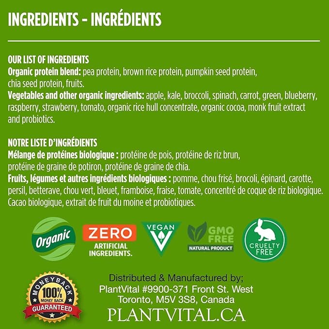 PlantVital Vegan Protein Powder Plant Based, Organic Protein Powder Chocolate, 24g/0g sugar, 12 Superfoods, Veggies, Probiotics, Raw Cocoa, Kale, Beets, Spirulina, Pea, Gluten-Free, Keto-Friendly,16oz