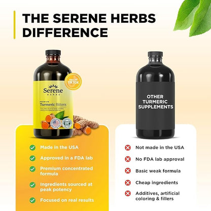 Serene Herbs Liquid Turmeric with Black Pepper - Turmeric Shots Curcumin Supplement 1000mg Extra Strength Herbal Drink, Digestive Bitters for Bloating Relief, Joint Health, Energy & Clarity - 16oz