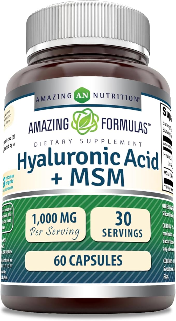 Amazing Formulas Hyaluronic Acid & MSM Supplement | 1000 Mg Per Serving | Capsules | Non-GMO | Gluten Free | Made in USA (60 Count | 1 Pack)