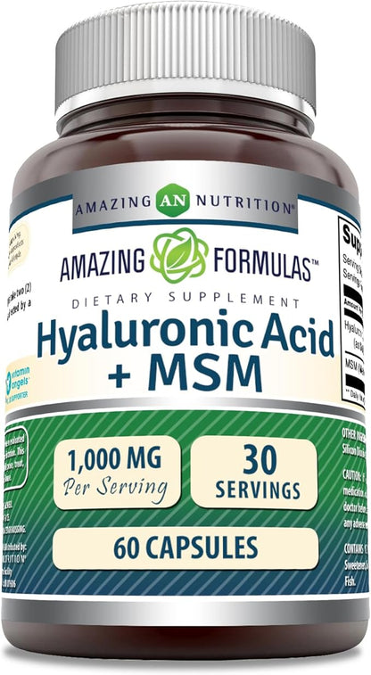 Amazing Formulas Hyaluronic Acid & MSM Supplement | 1000 Mg Per Serving | Capsules | Non-GMO | Gluten Free | Made in USA (60 Count | 1 Pack)