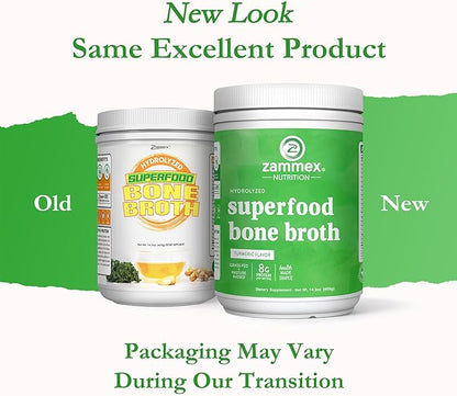 Zammex Bone Broth Plus Superfood Protein Powder (Turmeric Flavor), 8g Hydrolyzed Protein with Vitamin D, for Healthy Skin, Nails, Hair, Joints & Digestion,Non-GMO (30 Servings)