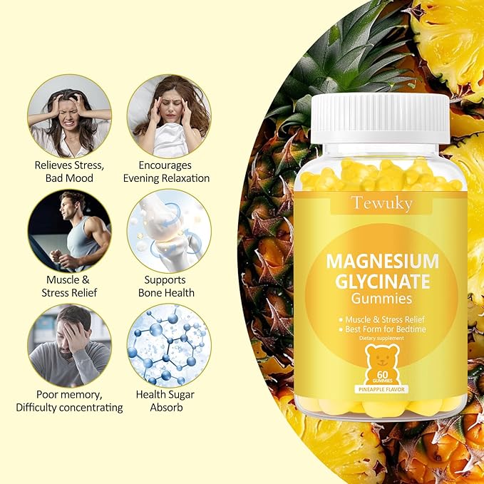 Magnesium Glycinate Gummies 500mg, Sugar-Free for Adults & Kids, Magnesium Gummies for Sleep, Stress & Muscle Relief, Supports Bone & Nerve Health, Vegan, Pectin-Based, 60 Count, Pineapple Flavor
