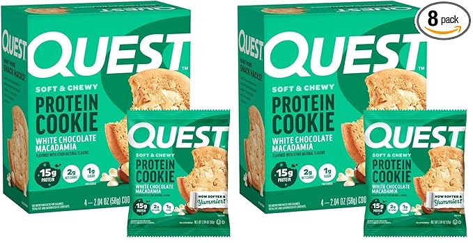 Quest Nutrition White Chocolate Macadamia Protein Cookie,15g Protein,1g Sugar,2g Net Carbs,Keto Friendly,High-Protein,Low Carb;,4 Count (Pack of 2)