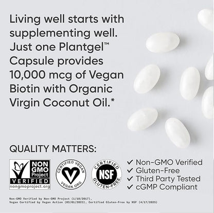 Sports Research® Biotin 10,000mcg with Organic Coconut Oil - Biotin (Vitamin B7) for Healthy Skin and Hair Support* - for Women and Men - Vegan, Non-GMO, Gluten & Soy-Free - 120 Veggie Softgels