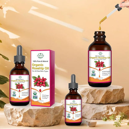 Organic Rosehip Oil for Face & Skin – USDA Certified, Cold Pressed, Unrefined Rose Hip Seed Oil for Anti-Aging, Scars, Moisturizing, Hair, Nails & Gua Sha Massage, 2 fl oz (60 ml)