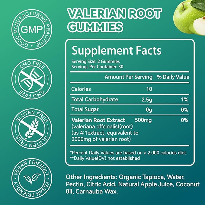 2 Pack Valerian Root Gummies 2000mg, Valerian Root Extract for Relaxation & Mood Support, Herbal Supplement for Kids & Adults, Vegan, Apple Flavor, 120 Count