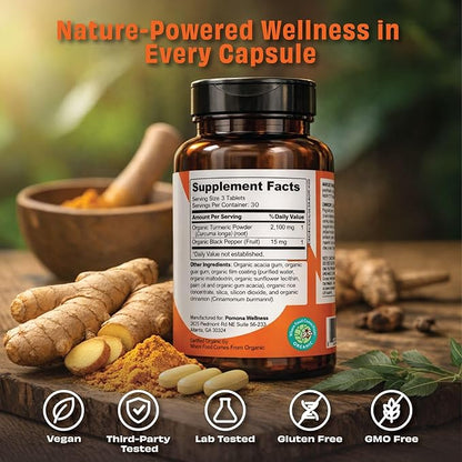 Pomona Wellness Organic Turmeric Supplement 2100 mg, USDA Organic, Non-GMO, Vegan, Turmeric Curcumin with Black Pepper for Absorption, for Joint Support and Immunity, 90 Tablets
