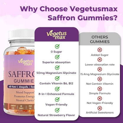 Saffron Supplements Gummies, 88.5mg Pure Saffron Extract with Ashwagandha L-Theanine Rhodiola Rosemary Magnesium Vitamin B6 B12 for Mood Focus Support Adults Kids - 60 Count