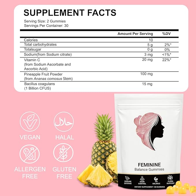 Premium Feminine Balance Gummies for Women, Natural Support for Feminine Wellness, Hawaiian Pineapple Flavor, Contains Probiotic Formula, Maintain Female pH Balance, 60 Gummies