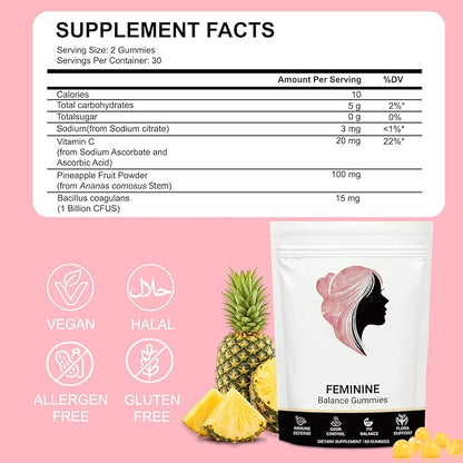 Premium Feminine Balance Gummies for Women, Natural Support for Feminine Wellness, Hawaiian Pineapple Flavor, Contains Probiotic Formula, Maintain Female pH Balance, 60 Gummies