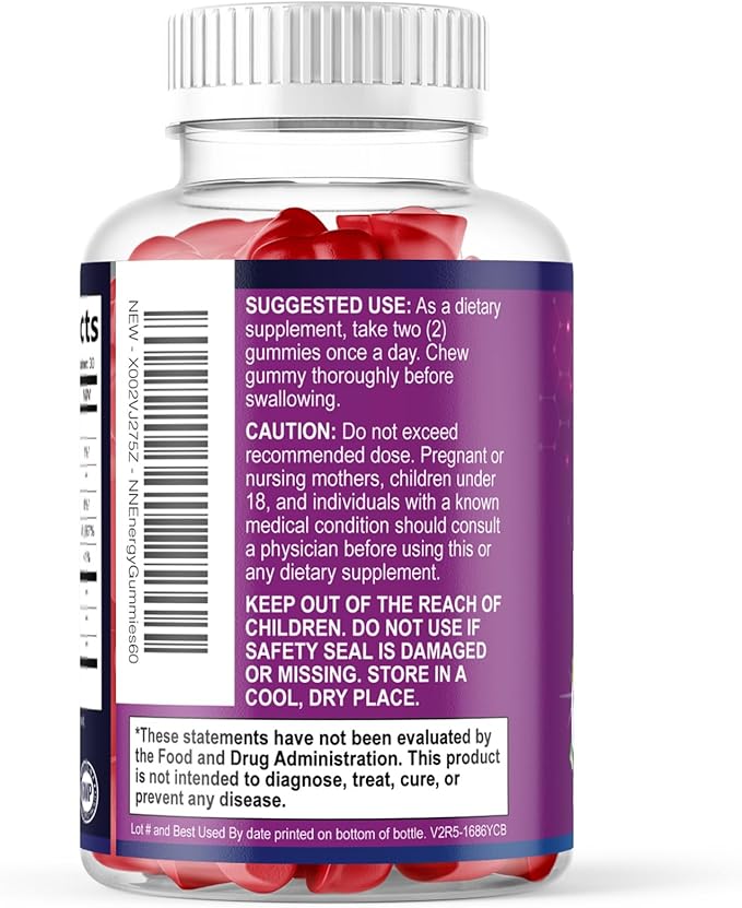 Energy Gummies - Vitamin B12 1000 mcg Per Serving - Daily Energy Gummy with Natural Caffeine from Green Tea, Berry Flavor B12 Chewable Exercise Supplement for Running Cycling & Sports - 60 Gummies