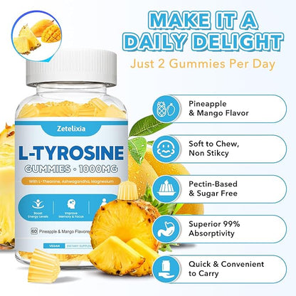 L Tyrosine Gummies, 2 Pack L-Tyrosine Supplement, Tyrosine Gummies with L-Theanine B6 D3, Tyrosine Supplement for Brain, Memory, Energy, Mood for Adult & Kids, Pineapple & Mango Flavor, 120 Ct