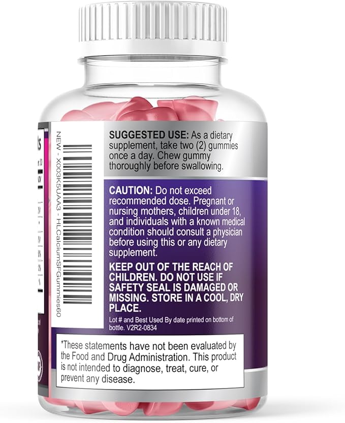 Calcium Gummies with Vitamin D3 10 mcg per Serving - Sugar Free Calcium Supplements for Bone Strength, Teeth & Immune Health Support - Natural Chews, Berry Flavored & High Absorption - 60 Gummies