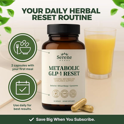 Serene Herbs GLP-1 Supplement for Women & Men - Metabolic Reset, Hunger Support with Berberine, InnoSlim, Actiponin - Natural GLP1 Booster to Support Appetite, Gut & Digestion - Vegan - 60 Capsules