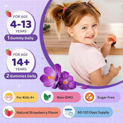 Saffron Gummies for Kids & Adults, 20-in-1 Saffron Supplements with 88.5mg Saffron Extract, B6, B12, C, D3, Magnesium for Calm, Focus, Nerve, Sugar Free, Vegan, Non-GMO - Strawberry Flavor, 120 Counts