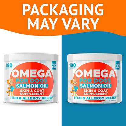 Omega 3 Fish Oil for Dogs (180 Ct) - Skin & Coat Chews - Dry & Itchy Skin Relief + Allergy Support - Shiny Coats - EPA&DHA Fatty Acids - Natural Salmon Oil Chews Promotes Heart, Hip & Joint Support