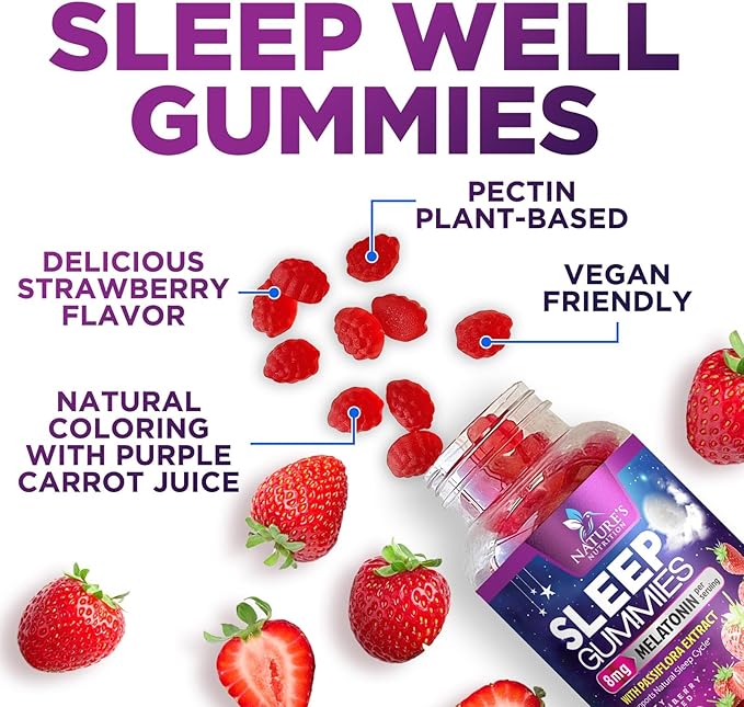 Sleep Gummies - 8mg Melatonin Per Serving - With Passiflora Extract for Restful Sleep - Fast Acting Melatonin Sleep Gummy Supplement for Adults, Vegan, Non-GMO, Tasty Strawberry Flavor - 60 Gummies