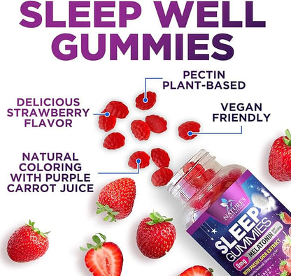Sleep Gummies - 8mg Melatonin Per Serving - With Passiflora Extract for Restful Sleep - Fast Acting Melatonin Sleep Gummy Supplement for Adults, Vegan, Non-GMO, Tasty Strawberry Flavor - 60 Gummies
