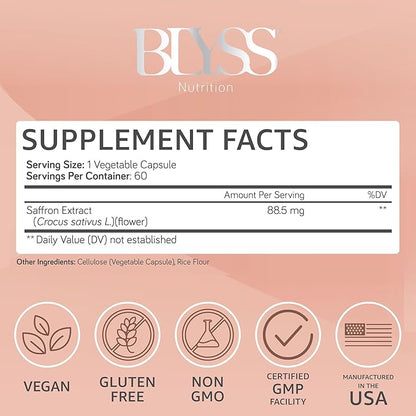 Saffron Supplements – Saffron Extract Pills for Women – Support Mood, Energy Boost, PMS, Mental Clarity & Metabolism - Non-GMO, Gluten Free, 60 Vegan Capsules