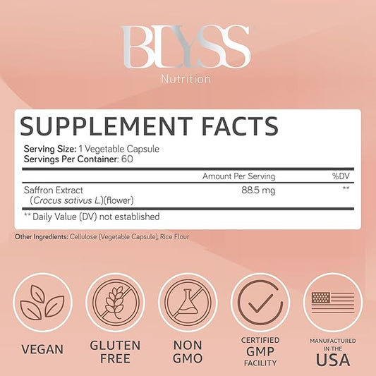 Saffron Supplements – Saffron Extract Pills for Women – Support Mood, Energy Boost, PMS, Mental Clarity & Metabolism - Non-GMO, Gluten Free, 60 Vegan Capsules